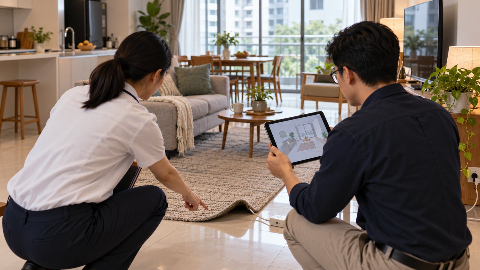 Illustrative home assessment scene with two people examining a curled rug edge and a tablet