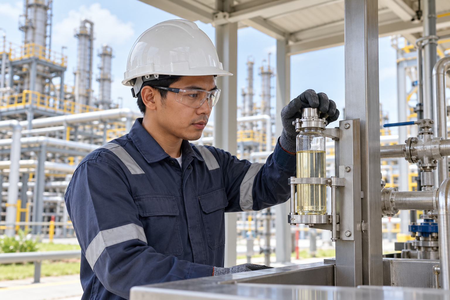 Illustrative scene of a technician inspecting a sealed sample at a fictional petrochemical facility.