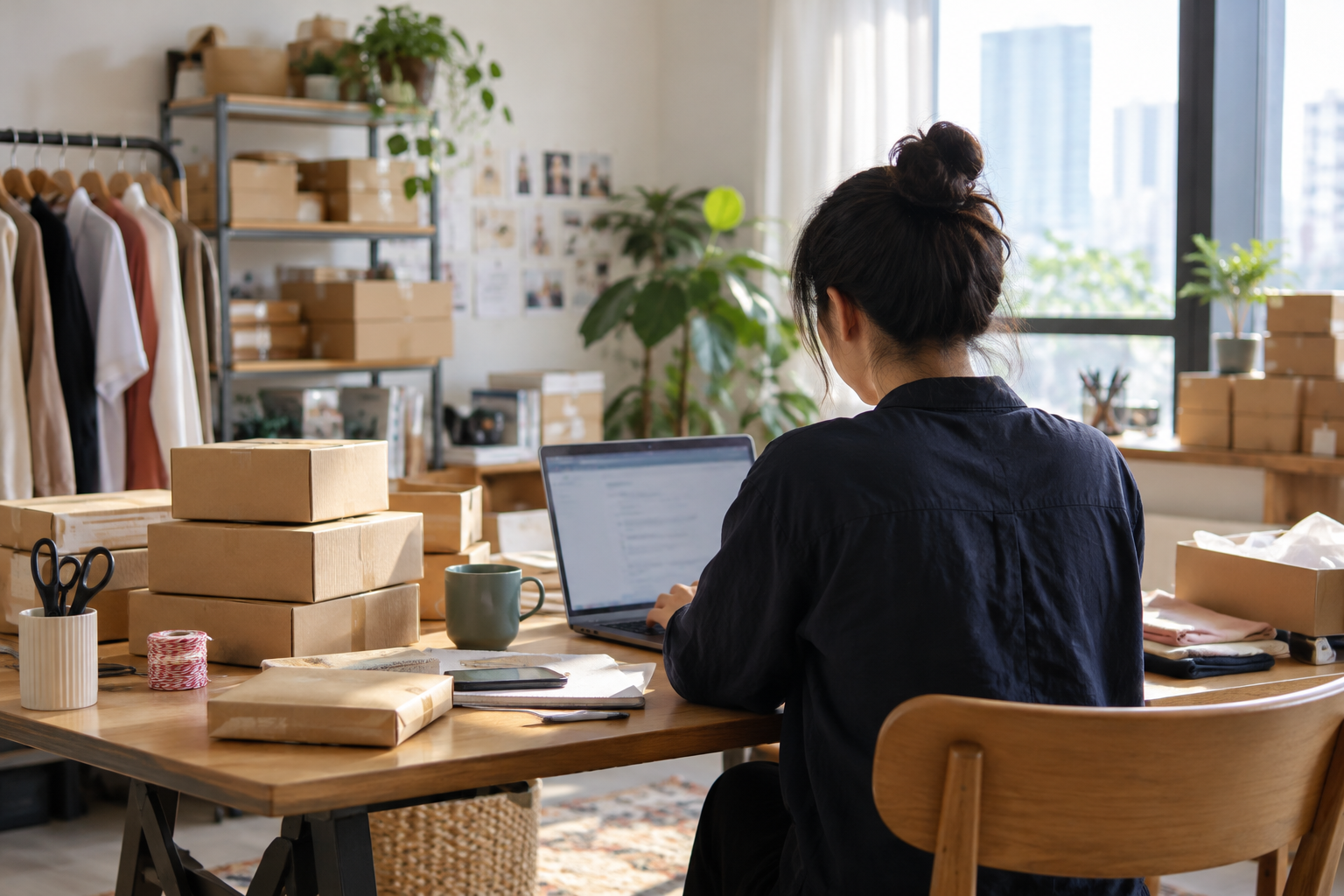 Illustrative view of an online merchant preparing parcels beside a laptop; it does not show a Payoneer or Stripe user interface or actual customer.