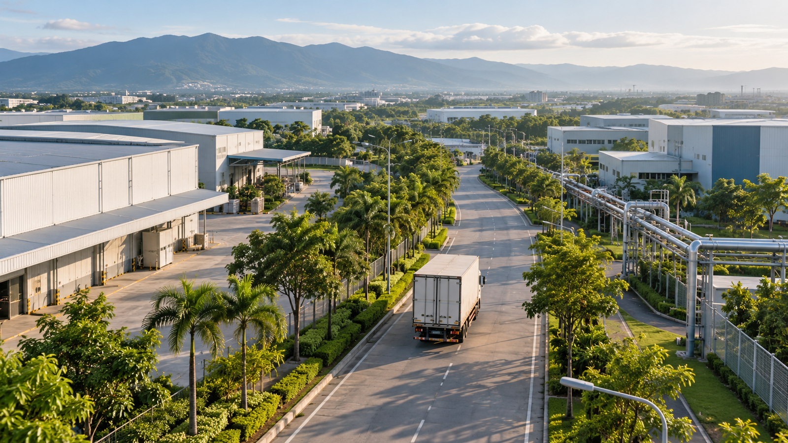 Illustrative aerial view of an industrial logistics corridor with an unbranded truck; no actual PEZA-approved or operating project is shown.
