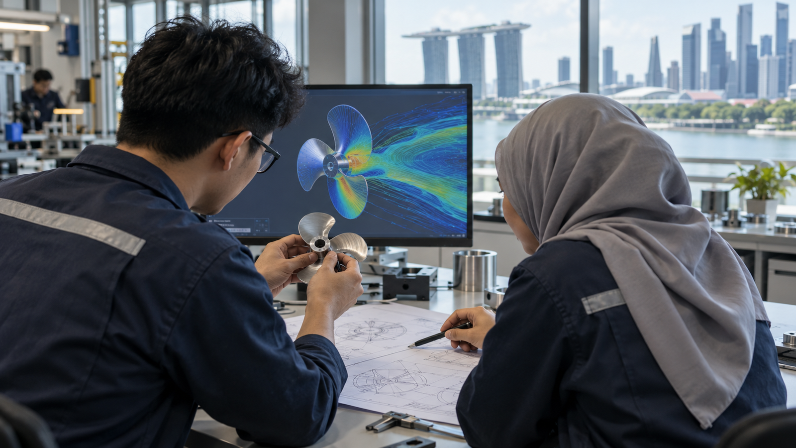 Illustration of engineers examining a marine component and simulation in a Singapore design workspace; not an actual PhysicsX or A*STAR facility.