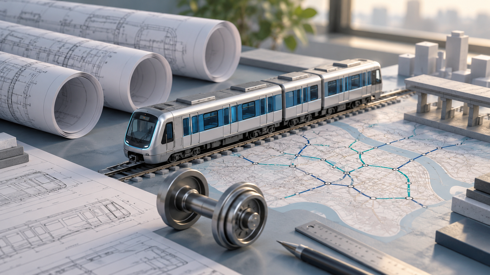 Illustrative miniature metro train on a planning desk with rolled drawings, a model wheelset and an abstract rail map.