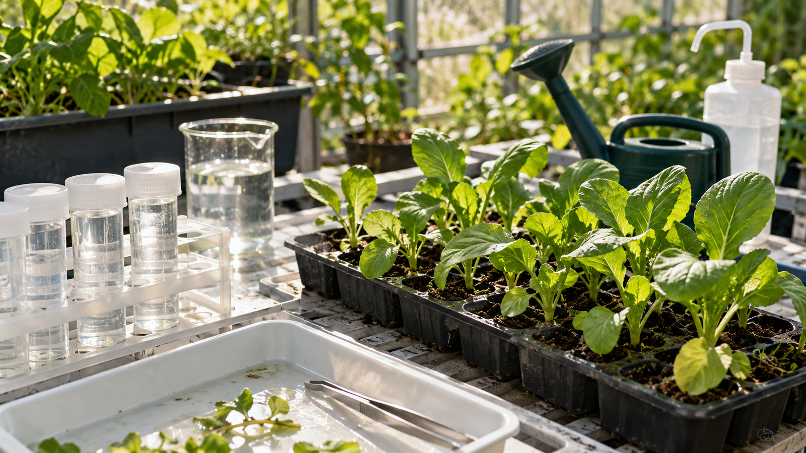 Illustrative leafy seedlings and a clear sample vessel on an agri-food research bench