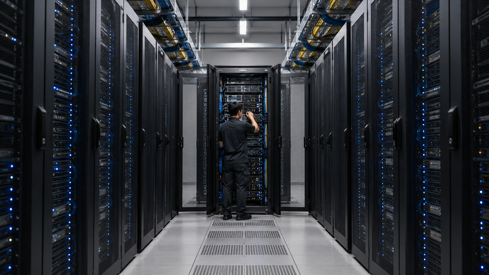 Illustrative technician inspecting server racks in a generic AI data centre