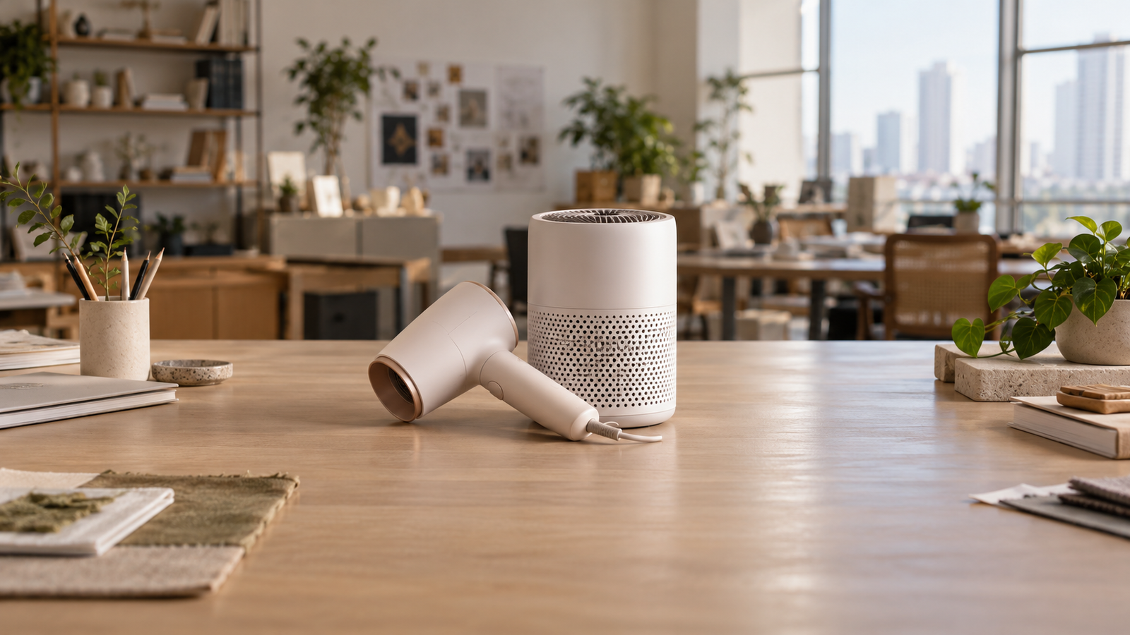 Illustrative unbranded hair-styling device and air purifier on a product planning table