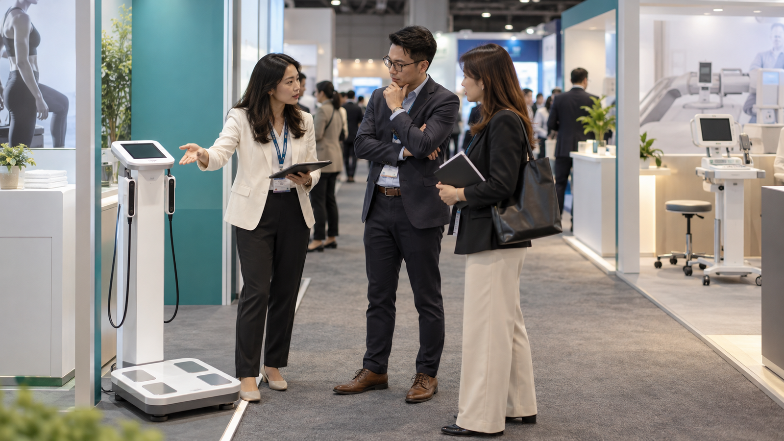 Illustrative medical trade fair scene with three professionals discussing an unbranded measurement device between separate exhibition stands.