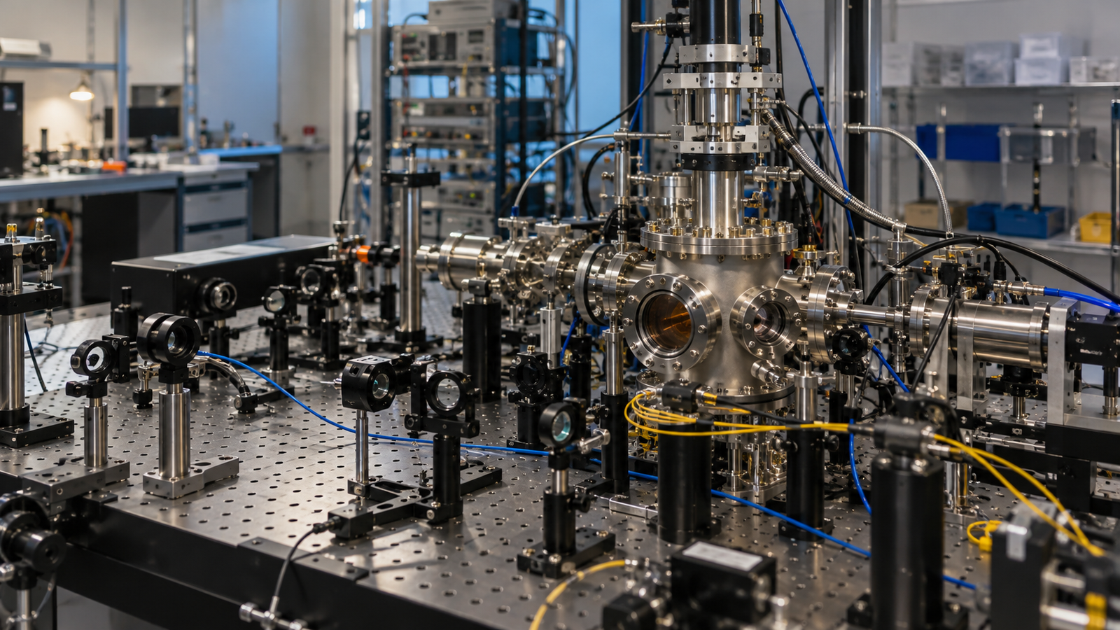 Illustrative quantum research apparatus on an optical table in an unbranded laboratory; not Universal Quantum's equipment or its planned Singapore site.