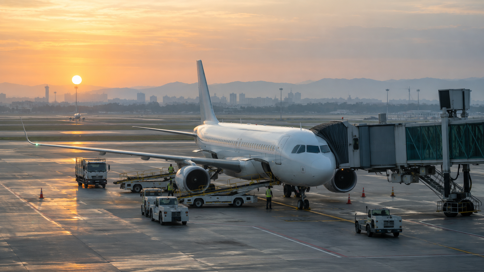 Illustrative unbranded passenger jet at a generic airport gate; not Vietjet's 10 October flight or evidence of its cargo or passenger load.