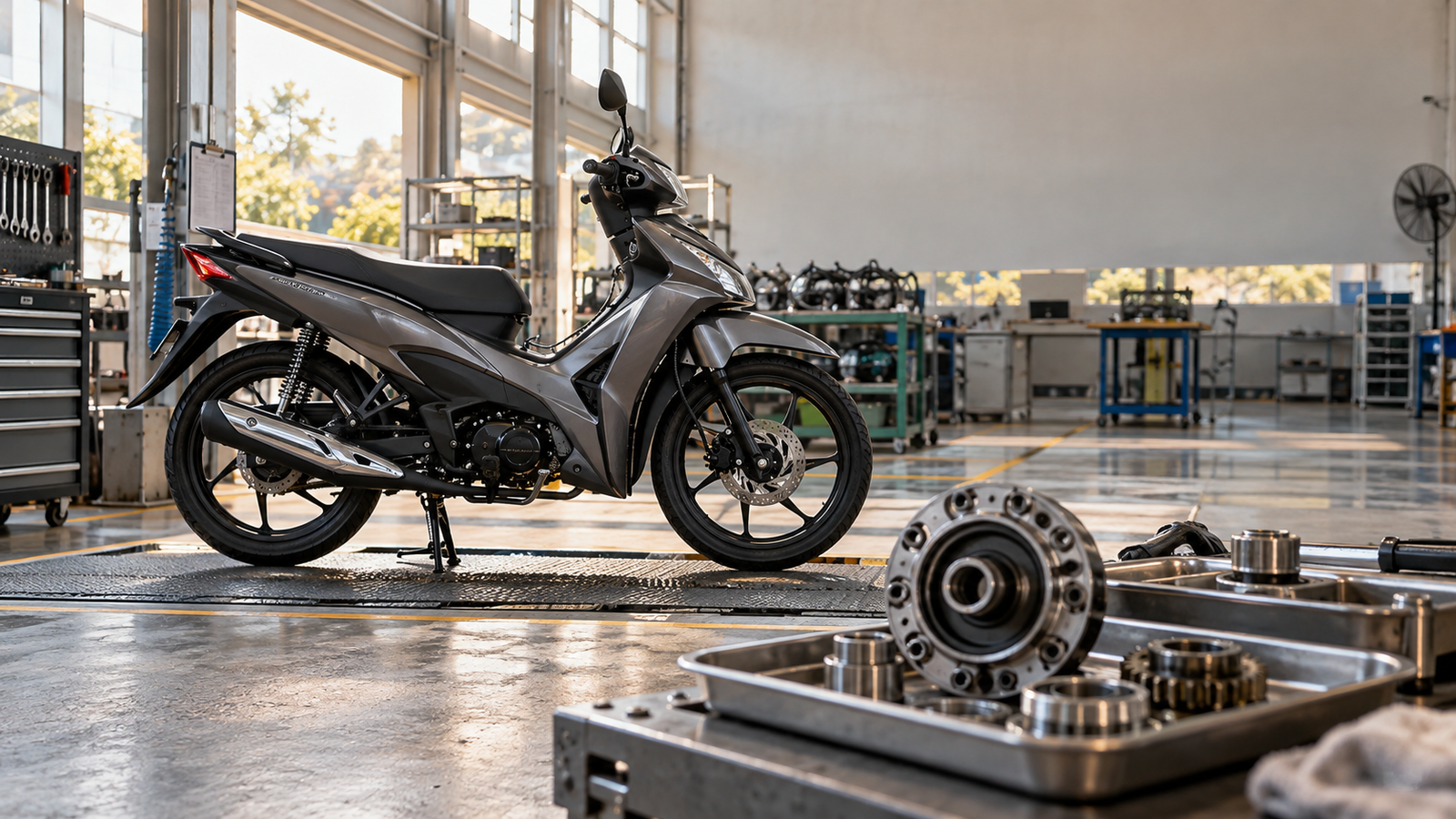 Illustrative unbranded motorcycle and separate parts in a generic inspection bay; not a Honda or Yadea facility and not proof of exports or production volume.