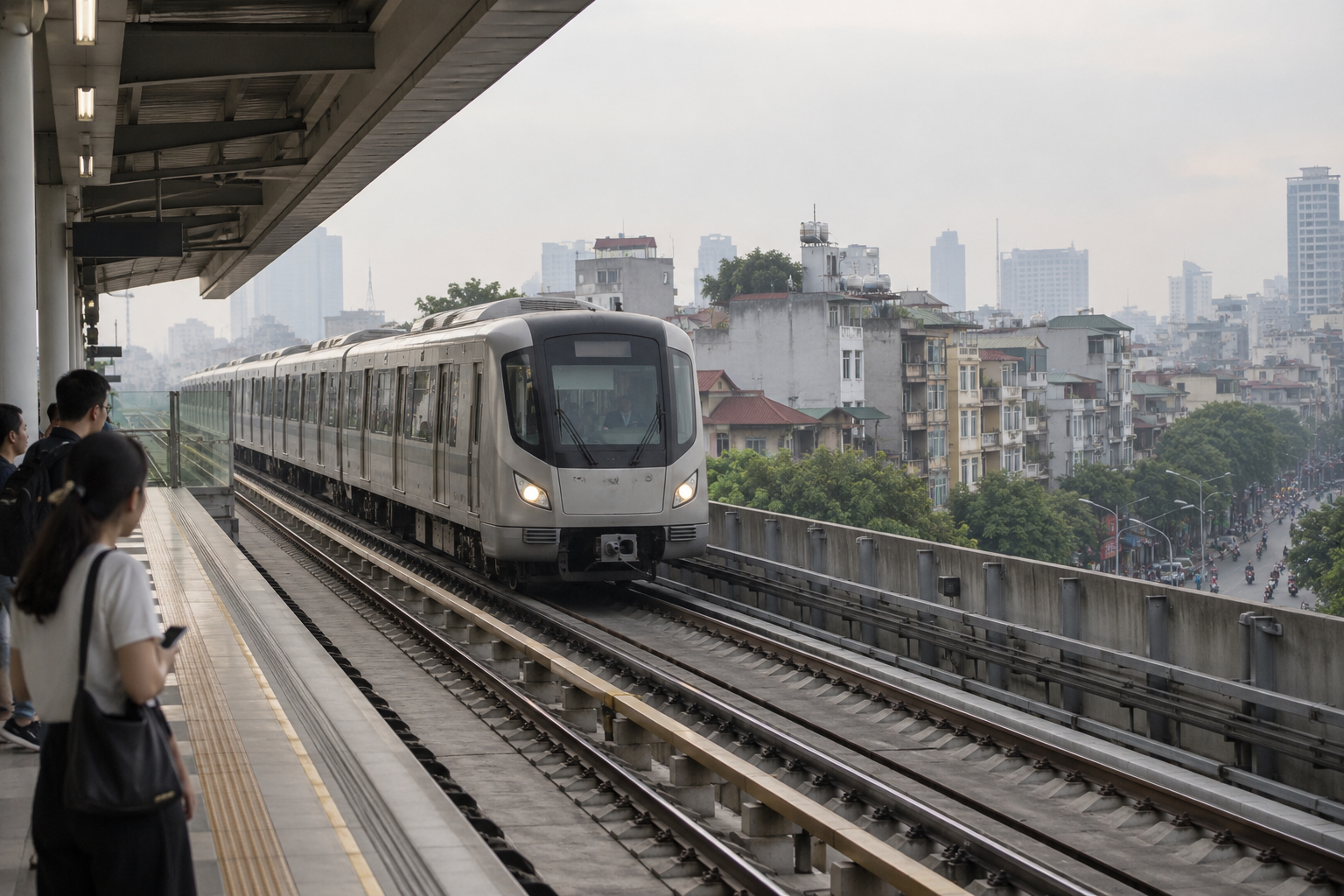 Illustrative silver metro train approaching an elevated urban station; not the contracted Vingroup-Alstom trains or evidence of delivery.