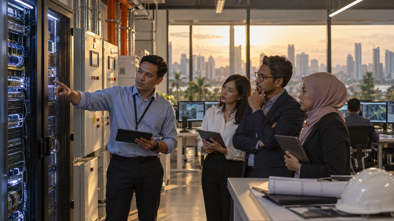 Illustrative unbranded Southeast Asian enterprise team examining server and power equipment, not an actual surveyed company.