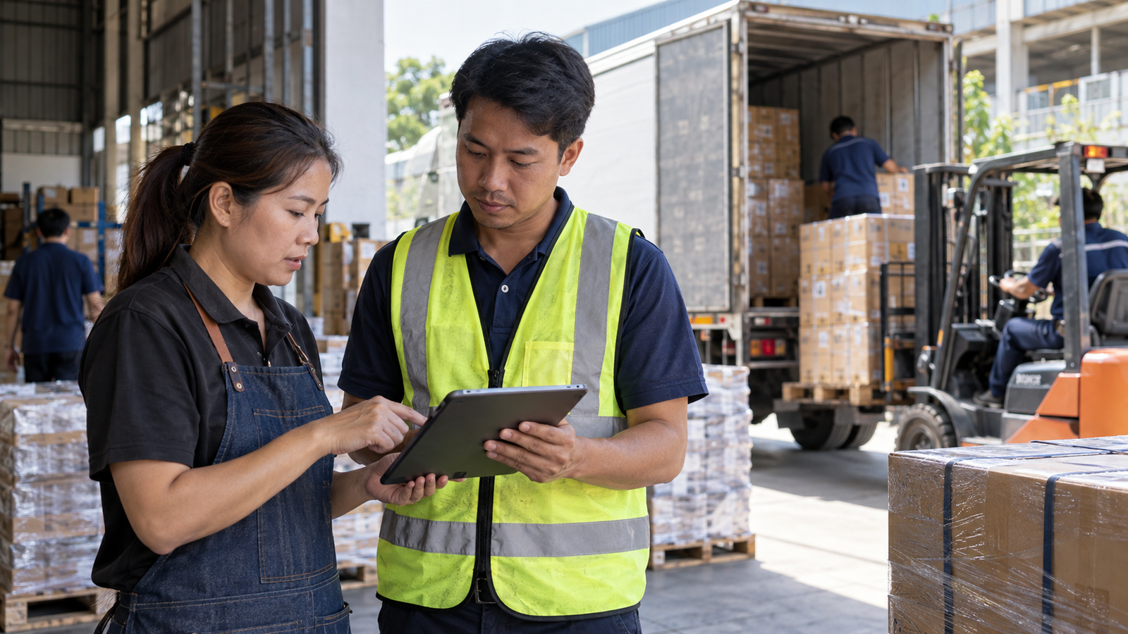 Illustrative Thai supplier and logistics colleague confirming a shipment with a tablet; not AIRA, NEC Thailand, TASConnect or a loan approval.