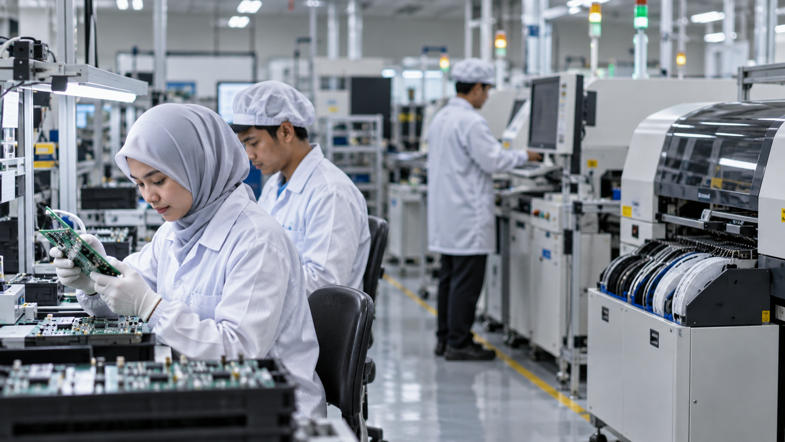 Illustrative electronics factory technicians inspecting circuit boards on an unbranded production line; not a factory surveyed by DOSM.