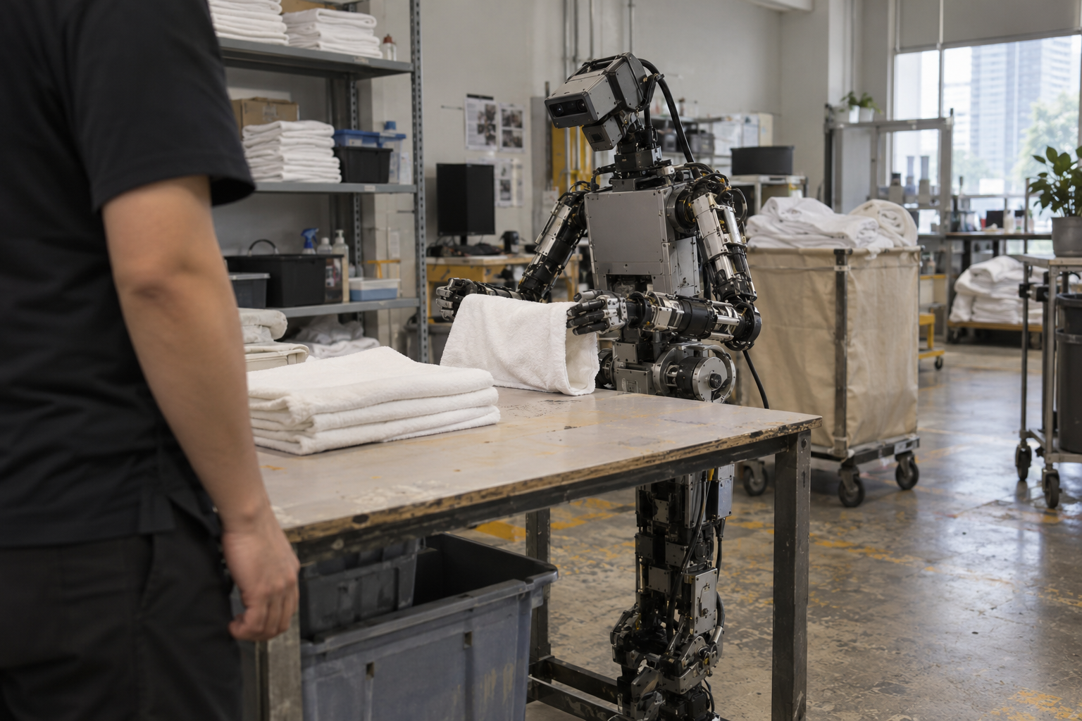 Illustrative robot handling linen in a simulated service training room; not YYForce’s actual centre or a customer deployment.
