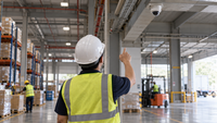 Photorealistic original illustrative scene of an anonymous warehouse safety supervisor looking toward a generic fixed ceiling camera; no Ailytics deployment or customer is shown.