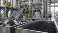 Illustrative battery-recycling line with scrap and dark processed material in an industrial plant