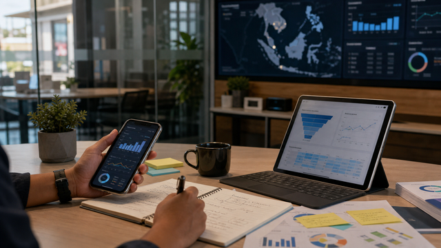Finance-app operations desk with mobile app, lifecycle funnel notes and Southeast Asia market markers.