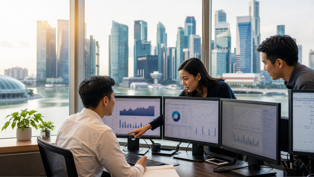 Singapore investment analysts reviewing market trends against the city financial district