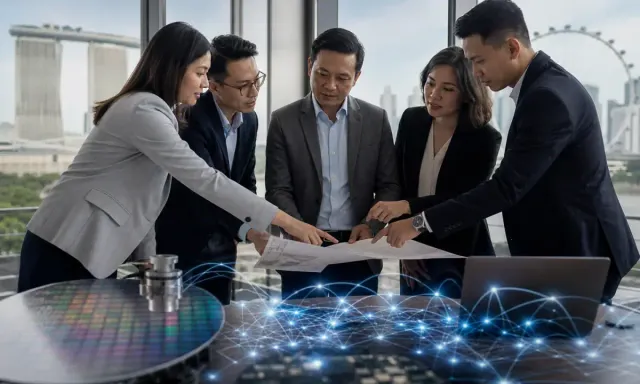 Vietnamese and Singaporean technology leaders review a shared innovation roadmap with semiconductor and digital-network tools in Singapore.