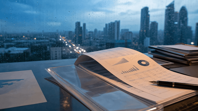 Editorial illustration of financial-report documents in a Philippine financial-district setting.