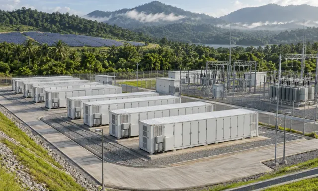 Illustrative battery containers and electrical switchgear beside solar panels in a tropical landscape.