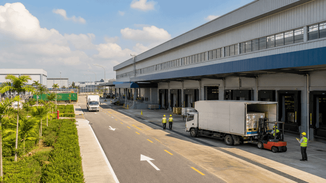 Modern manufacturing and logistics campus with active loading bays in tropical daylight.