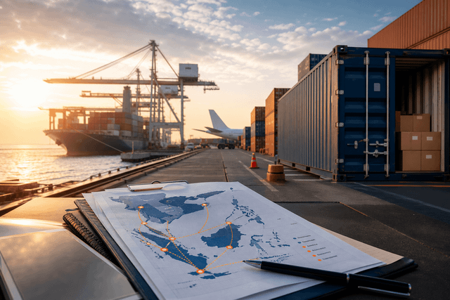 Shipping containers, an aircraft tail and a Southeast Asia route plan illustrate market entry through logistics, access routes and country sequencing.