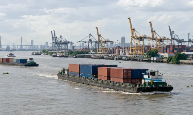 Container barges pass a generic riverside cargo terminal in a Bangkok logistics corridor.