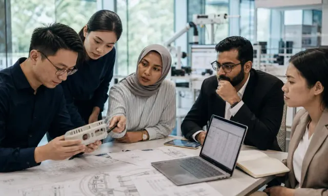 ASEAN inventors, legal specialists and investors examine a technology prototype and valuation materials in a Singapore innovation lab.
