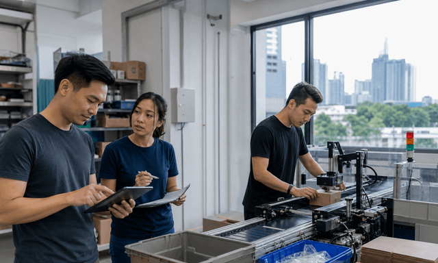 A Singapore small-business team reviews an AI-assisted workflow beside a compact packing line.