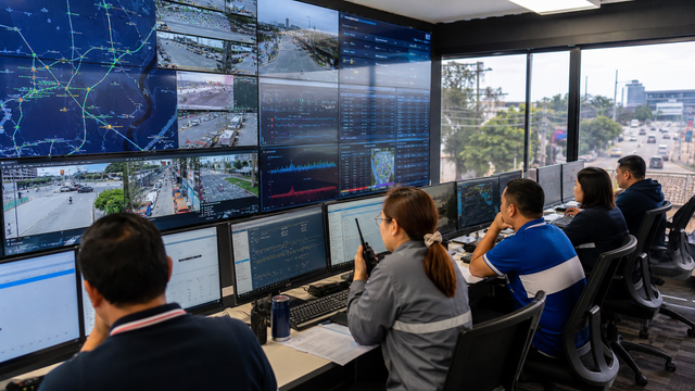 Editorial raster image of a city operations team coordinating local data systems.