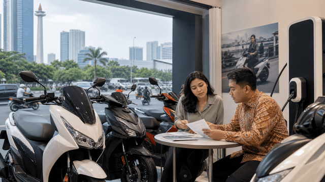 A Jakarta electric-motorcycle retail and charging scene shows financing for locally produced electric mobility.