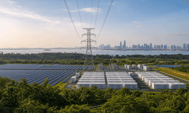 Solar panels, battery storage and high-voltage transmission infrastructure across the Johor-Singapore corridor.