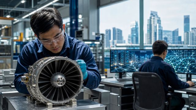 Singapore engineers inspect an aerospace component beside digital infrastructure monitoring screens.