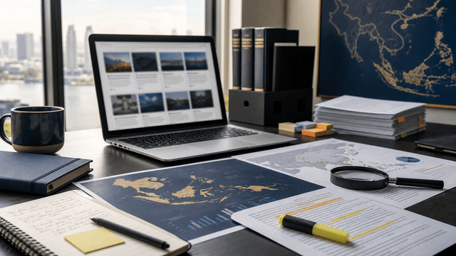 Evidence desk with Southeast Asia maps, source documents and a blurred search-results laptop for AI discovery review.