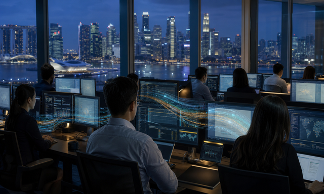 Fund-management operations teams monitor a cross-border portfolio transition in Singapore’s financial district.