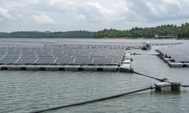 Rows of floating solar panels sit on a tropical reservoir with a maintenance boat and visible mooring lines.