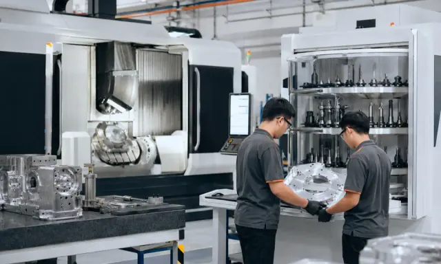 Precision-engineering technicians inspect a machined component beside automated CNC equipment in an unbranded Penang facility.