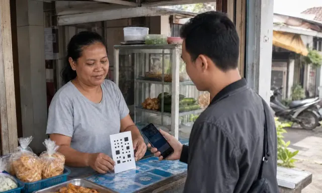 An Indonesian food-stall owner accepts a customer’s phone-based QR payment at the counter.