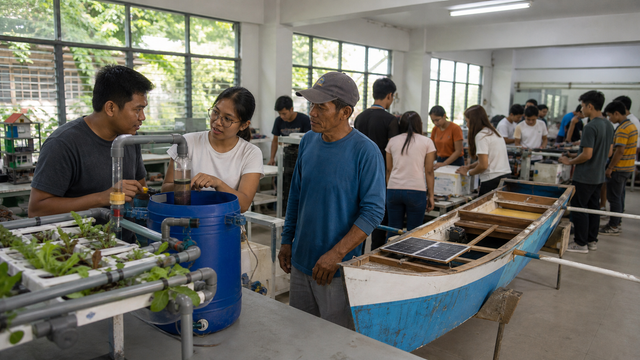 Editorial raster image of community innovators demonstrating local science-based prototypes.