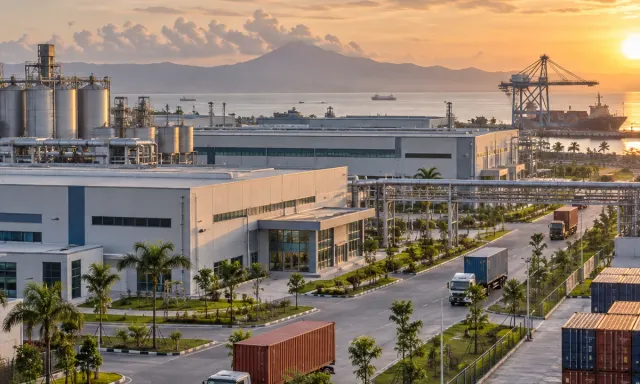 Illustrative industrial park, logistics containers and port infrastructure in Indonesia.