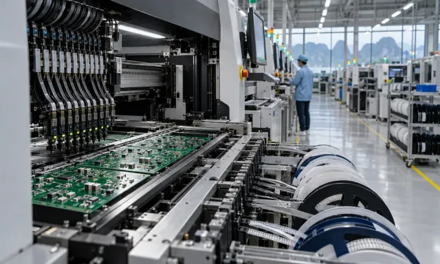 An automated surface-mount electronics line places components on circuit boards in a modern factory.