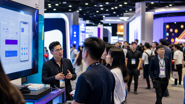 Fintech demo booth in a busy regional technology expo corridor with attendees reviewing a product display.