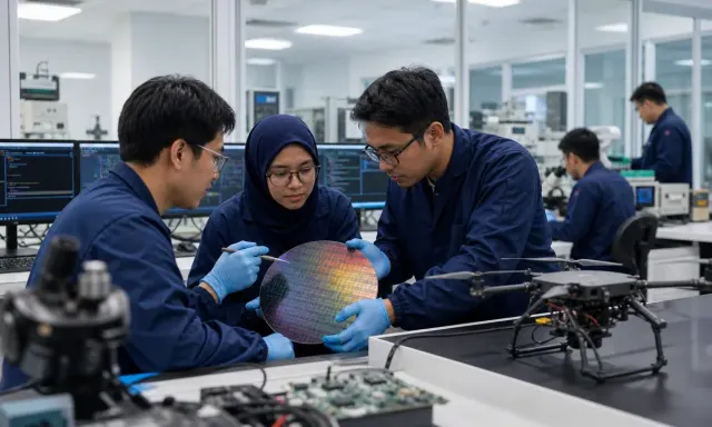 An illustrative Malaysian chip-design laboratory where engineers inspect a silicon wafer beside a drone prototype.