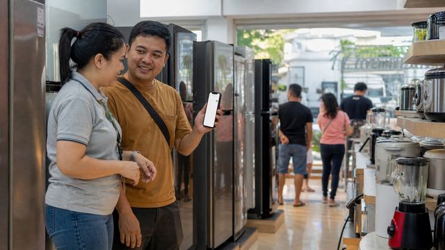 A customer and store employee discussing an appliance purchase in a Philippine retail shop