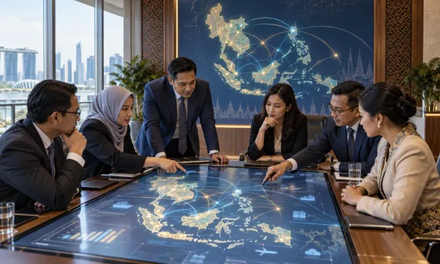 Illustrative ASEAN regional working session reviewing a digital-trade framework against a connected Southeast Asia map.