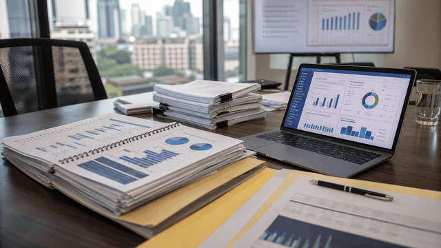 Public-finance materials with charts, budget papers and city background.