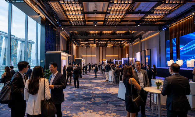Delegates network in a large Singapore technology conference hall.