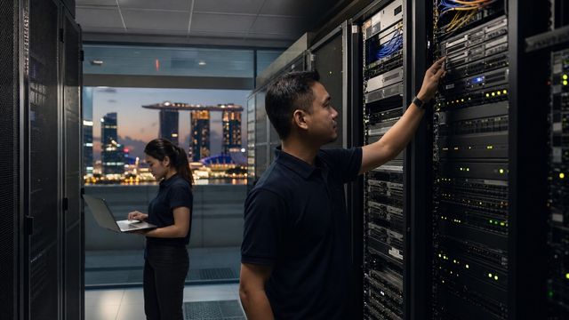 Two infrastructure engineers working among server racks in a secured operations facility