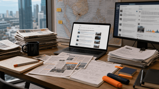 Editorial newsroom desk with Southeast Asia map, press clippings, source notes and blurred media-monitoring screens.